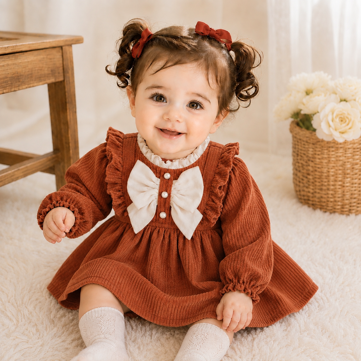 سارافون مخمل کبریتی نوزادی دخترانه پاییزه